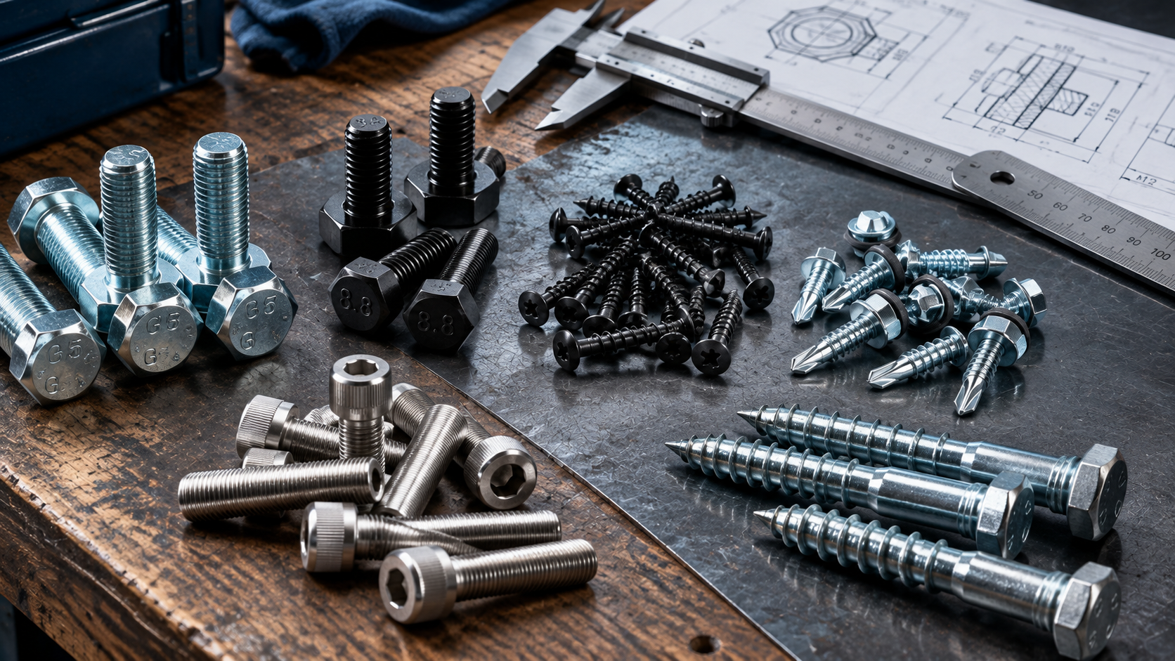 Muestrario de tornillos para metal, madera, tirafondos y bulones de alta resistencia sobre banco de taller